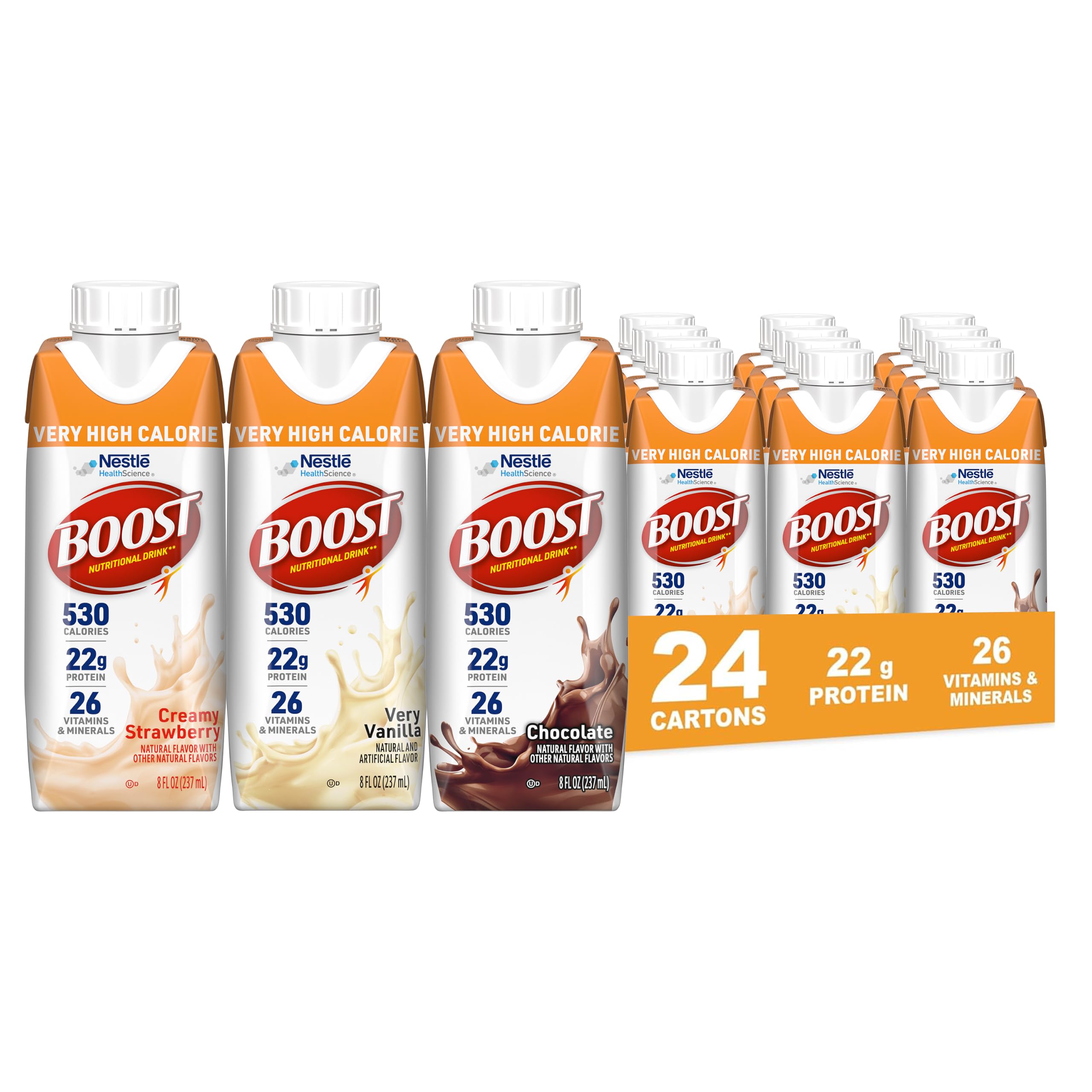 BOOST Very High Calorie Nutritional Drink, Creamy Strawberry, 8 Fl Oz, 24pk